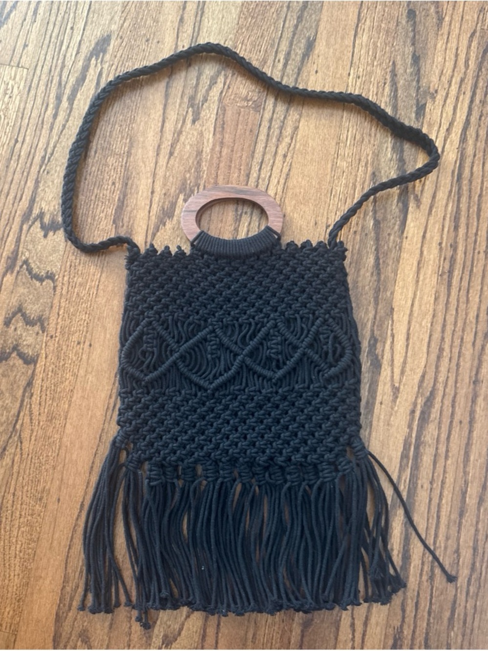 Danielle Nicole Black Macramé Fringe Crossbody with Wooden Handle